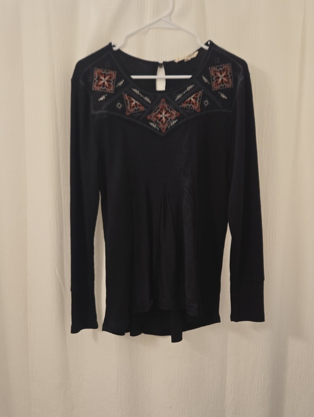 Embroidered Black Waffle Knit Long-Sleeve Women's Top